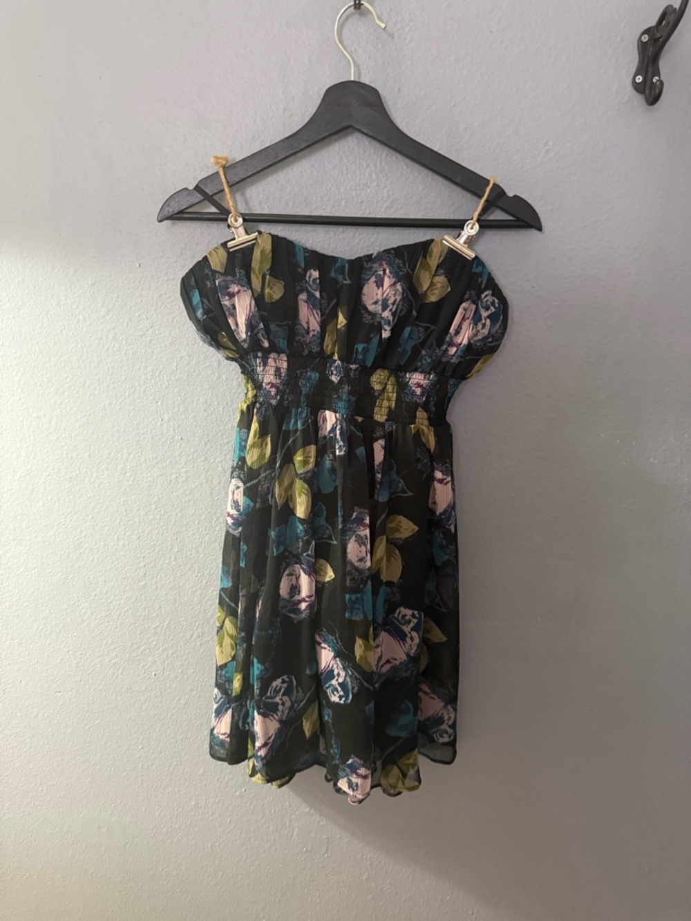 Kimchi Blue Black Strapless Romper with Green and Pink Floral Print